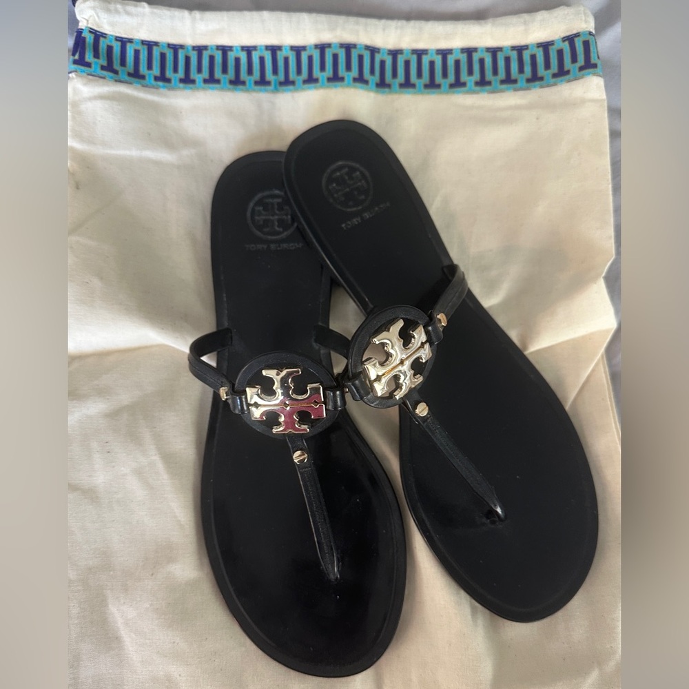 Tory Burch Black Leather Logo Thong Sandals with Gold Medallions - Like New